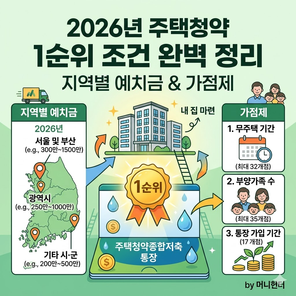 2026년 주택청약 1순위 조건 지역별 예치금과 가점제 완벽 정리